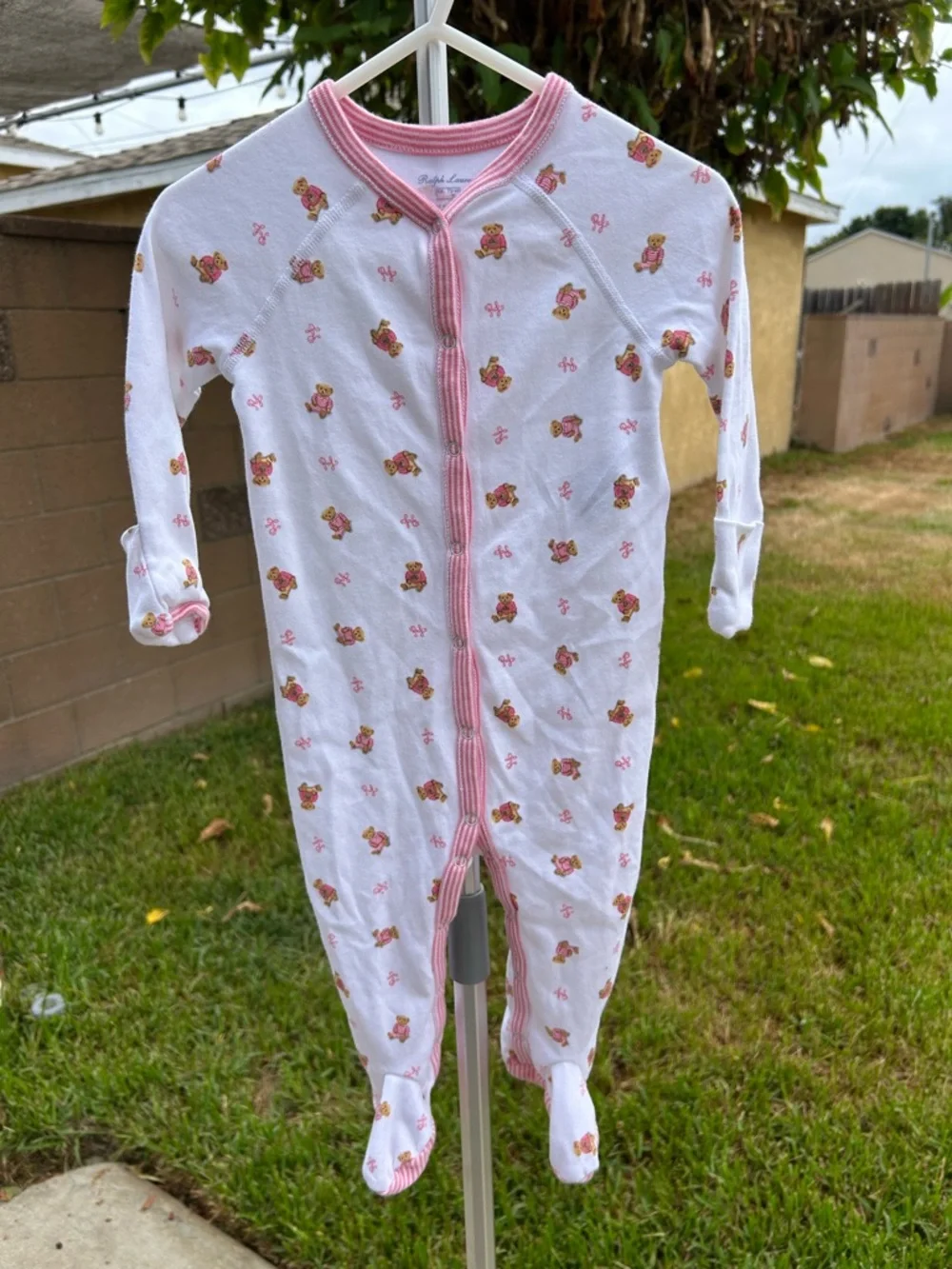 Ralph Lauren White Footed One-Piece with Pink Trim and Floral Bear Print
